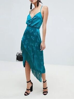 ASOS Teal Jaquered Satin Fringe Midi Dress Size 4